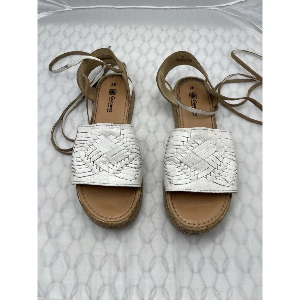 Guarachez Women's 9 Espadrille White Leather Huarache Ankle Tie Open Toe Sandals